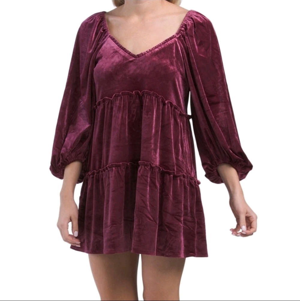 Betsey Johnson Rich Burgundy Crushed Velvet Baby Doll Dress Size Medium